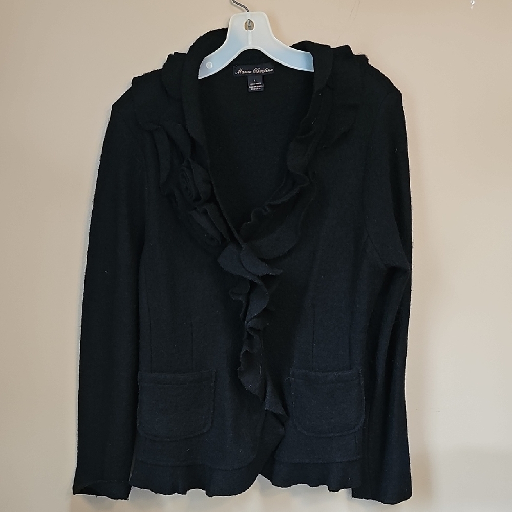 Marisa Christina Black Ruffle-Front W/ Rose Detail Cardigan 100% Wool